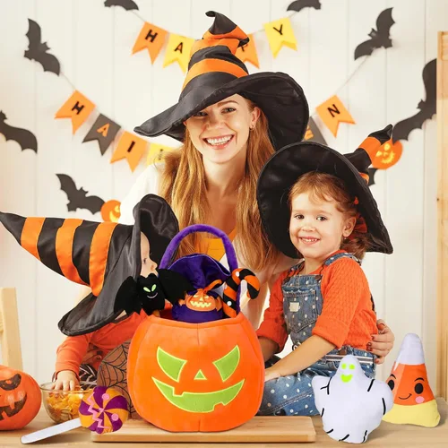Vista 6 de Liliful Juego de 11 piezas de juguetes de calabaza de Halloween, animales de peluche que brillan en la oscuridad, cesta grande de calabaza de felpa