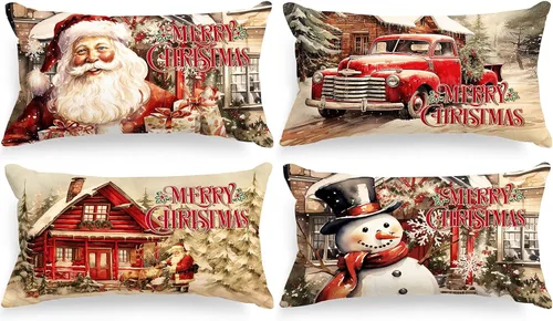 Vista 7 de Lanpn Juego de 4 fundas de almohada de Navidad de 16 x 16 pulgadas, cojín de decoración de Navidad, almohadas rojas de Navidad, funda de almohada
