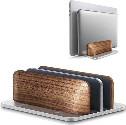 Vista 9 de LOXP Soporte vertical para laptop, [doble ranura de madera + soporte de aluminio para portátil], soporte ajustable para MacBook de escritorio, base