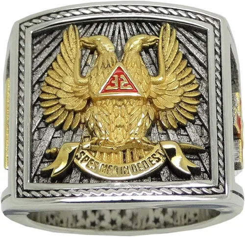 Vista 6 de UNIQABLE KTR023 - Anillo de plata de ley con alas de 32 grados para caballeros masónicos, chapado en oro de 18 quilates