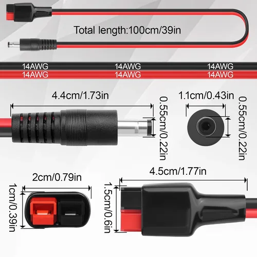 Vista 2 de Cable Anderson 30A a DC5521 macho (a conector macho 5521) 14AWG Anderson Conector a 0.2x0.1 in DC Cable adaptador de corriente macho para panel al
