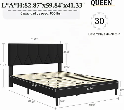 Vista 2 de Base de cama tamaño Queen, base de cama de plataforma con cabecera tapizada de terciopelo, base de colchón tapizada Queen con listones de madera