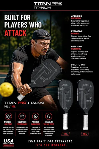 Vista 2 de Pala de pickleball Titan Pro de titanio, aprobada por USA Pickleball, opciones de 14 mm y 16 mm, núcleo revolucionario de Nomex y PP en dos capas