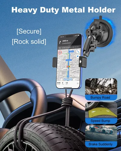 Vista 2 de Soporte de teléfono para automóvil con ventosa resistente, brazo de ajuste de metal para parabrisas, salpicadero, ventanas laterales, soportes