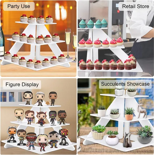 Vista 4 de Soporte para 24 cupcakes – Soporte rústico para cupcakes de 3 niveles plegable de madera – Soporte blanco para cupcakes – Torre de cupcakes