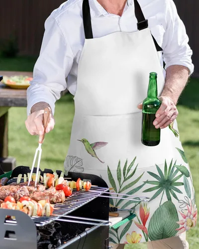 Vista 5 de Pastoral Botanical Bib Aprons with Pockets Waterproof, Adjustable Apron for Men Women Summer Tropical Palm Leaves Birds