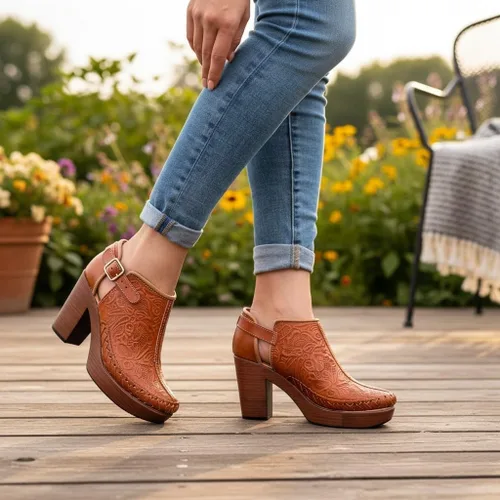 Vista 7 de Botines de piel auténtica grabados mexicanos con correa para mujer - Modelo 490