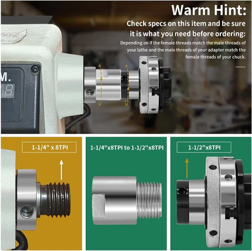 Vista 5 de Adaptador de Eje de Cabeza de Torno, Convierte de 1-1/4" x 8TPI a 1-1/2" x 8TPI para Torno de Carpintería