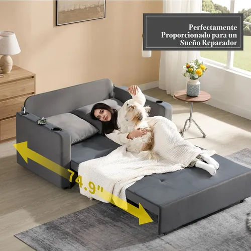 Vista 4 de Krcix Sofá cama extraíble 3 en 1, sofá cama de terciopelo de 56 pulgadas, sofá biplaza convertible para sala de estar, espacio pequeño, sofá cama