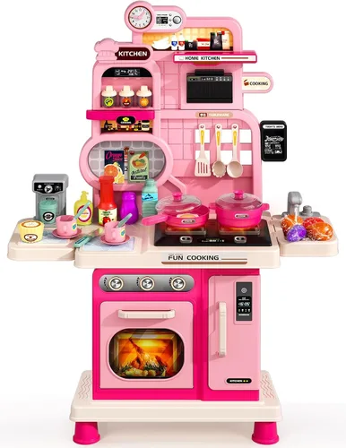 Vista 8 de Juego de cocina para niños, juego de cocina para niños pequeños, juguetes con sonido y luz, estufa de cocina, fregadero de juegos, accesorios