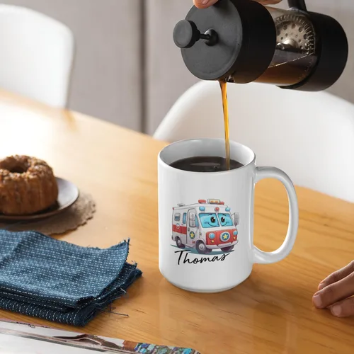 Vista 6 de Taza de café de ambulancia personalizada, taza de té blanca ambulancia de 11 onzas y 15 onzas, taza de café de cerámica personalizada con nombre