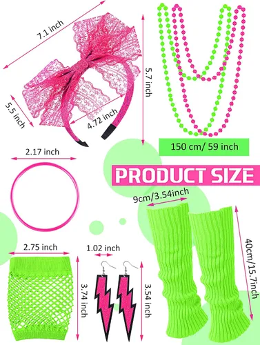 Vista 4 de Vabean Juego de 19 piezas de disfraz de los años 80, camiseta, leggings, falda tutú, diadema, collar, pulseras, aretes, guantes, calentadores