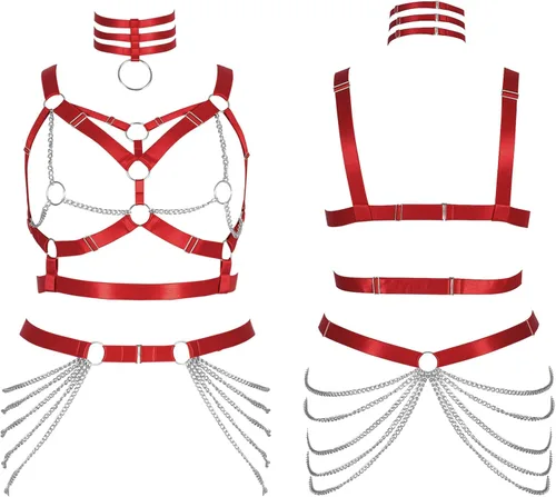 Vista 2 de Arnés de cuerpo de talla grande para mujer gorda y niña, cadena de metal, hueco completo, sujetador de jaula, medias de pierna, liguero, ropa gótica