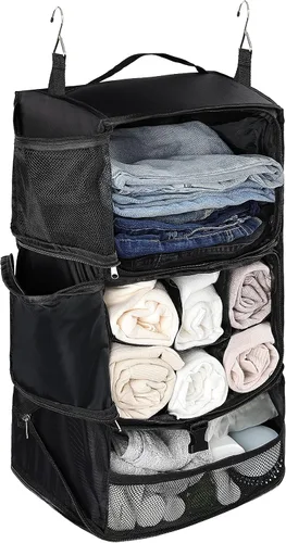 Vista 12 de ELEZAY Cubos de embalaje colgantes portátiles para armario, organizador de ropa de compresión plegable de 3 estantes para equipaje de mano, maleta