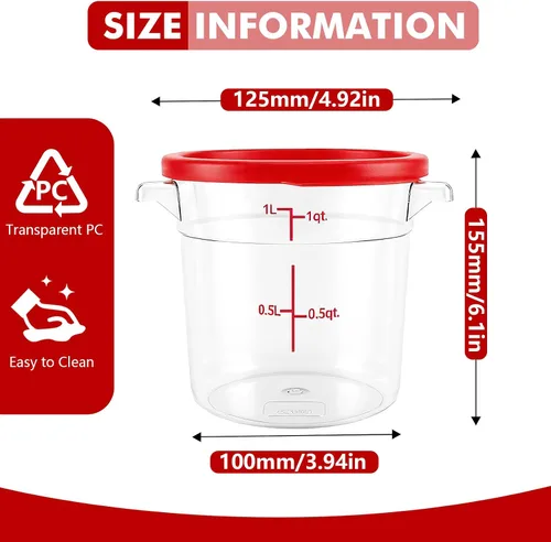 Vista 2 de Paquete de 4 recipientes de almacenamiento de alimentos con tapa, caja de almacenamiento redonda de plástico con escala y agarre, perfecto