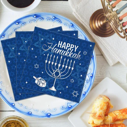 Vista 5 de Honoson 100 servilletas de Hanukkah de Janucá, servilletas desechables de papel, servilletas de cóctel para invitados, servilletas de cena