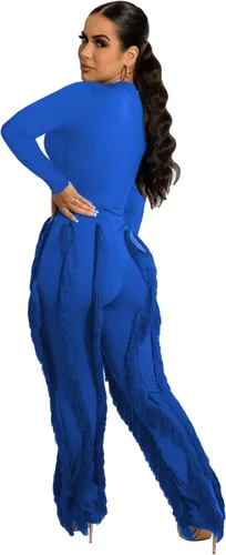 Vista 3 de 2 Piece Outfits for Women Sexy - Solid Long Sleeve One Piece Tops Fringe Tassel Long Pants Jumpsuits Sets