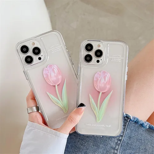 Vista 7 de Funda para iPhone 13 Pro Max, bonita funda estética de tulipanes rosas transparentes para mujeres y niñas