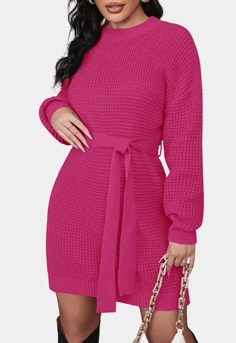 Vista 2 de ZESICA Women's 2023 Fall Long Sleeve Solid Color Waffle Knitted Tie Wasit Tunic Pullover Sweater Dress