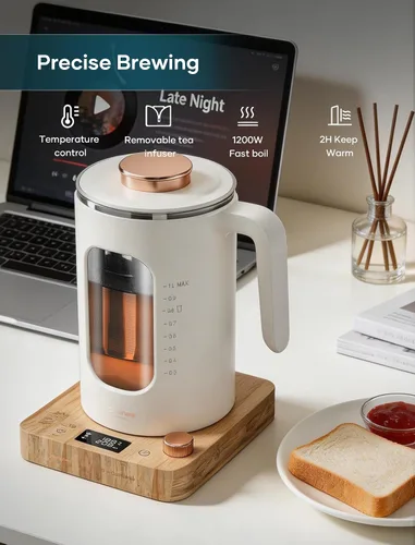 Vista 4 de INTASTING Hervidor de té eléctrico, hervidor eléctrico con infusor de té, control de temperatura de perilla de ±1 ℉, vidrio sin BPA, calentamiento
