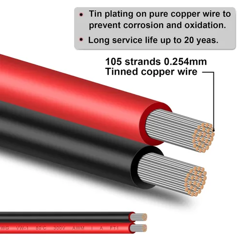 Vista 2 de Cable de cobre estañado de 10 pies de calibre 10, 2 conductores, cable paralelo aislado para panel solar, audio de automóvil, automóvil, cable 10