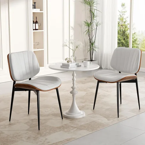 Vista 7 de Juego de 4 sillas de comedor, estilo de mediados de siglo moderno, tapizadas con piel sintética, respaldo de nogal curvado, patas de metal