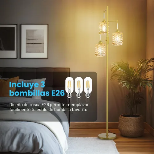 Vista 3 de Lámpara de pie dorada para sala de estar y dormitorio, lámpara de pie vintage de 3 luces con vidrio emplomado, lámparas de pie altas modernas