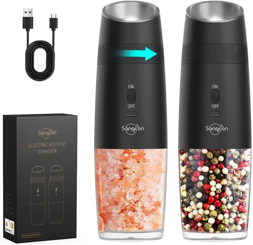 Vista 14 de Sangcon Gravity - Juego de molinillo eléctrico de sal y pimienta con agitador automático, molinillo con luz LED, FUNCIONA CON BATERÍAS, grosor