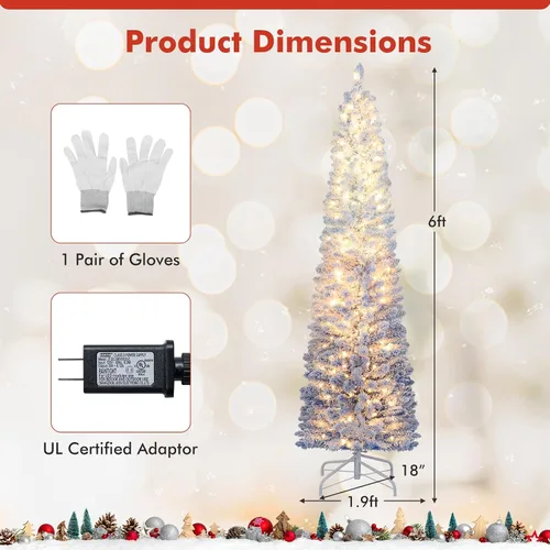 Vista 6 de GOFLAME - Árbol de Navidad artificial de 6 pies con luces LED blancas cálidas preiluminadas, árbol de Navidad con flecos de nieve, 435 puntas