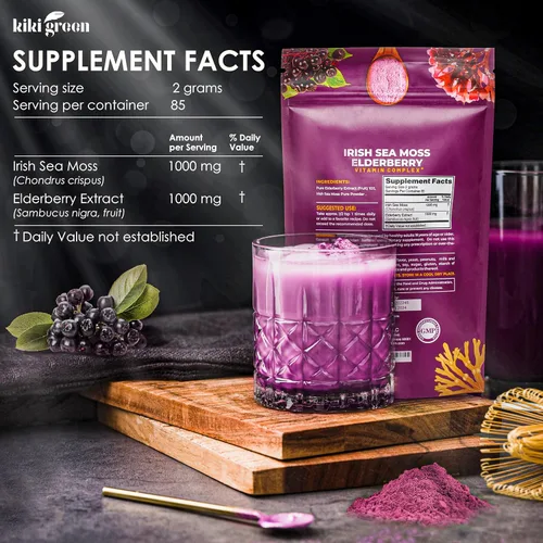 Vista 6 de KIKI Green Polvo de musgo marino con saúco – Mezcla multivitamínica vegana de superalimentos – para impulso inmunológico y apoyo – Añadir a