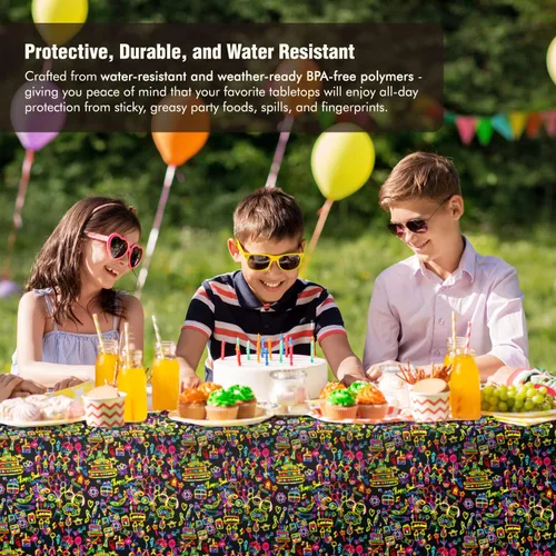 Vista 2 de Happy Birthday Neon Party Table Cover Suministros Decoración Plástico Desechable 108X54 Pulgadas