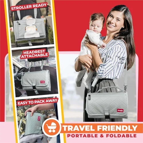 Vista 5 de Cambiador de pañales portátil de alta calidad, tapete de viaje acolchado extra grueso con bolsillo para toallitas - Impermeable, fácil de limpiar