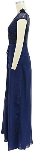 Vista 6 de Olivcker Vestido de noche de fiesta con pantalones, color azul, sin mangas, cintura alta, empalme, malla sexy con cuello en V