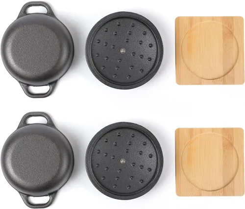 Vista 5 de HAWOK Mini horno holandés de hierro fundido, diámetro 5.51 pulgadas, 23 onzas, con bandeja de bambú, juego de 2, pre-sazonado