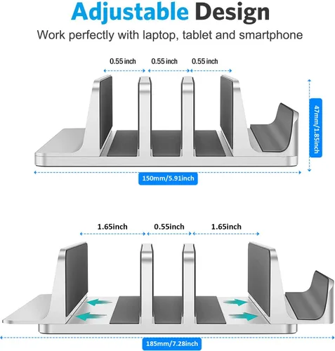 Vista 3 de Soporte vertical para laptop, soporte vertical para portátil de 3 ranuras, tamaño de muelle ajustable, diseño 3 en 1, soporte para computadora