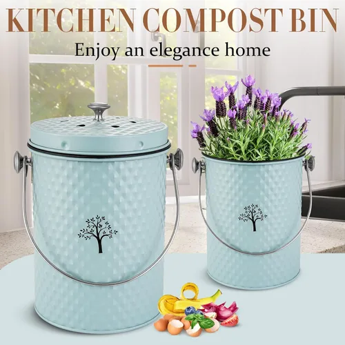 Vista 4 de AOSION Contenedor de compostaje para encimera de cocina, contenedor de compostaje interior resistente al olor con tapa y 50 bolsas de compost, Azul
