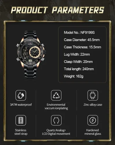 Vista 3 de NAVIFORCE Reloj para hombre, impermeable, de acero inoxidable, LED, analógico, digital, para hombre, fecha, cronómetro, alarma, reloj deportivo