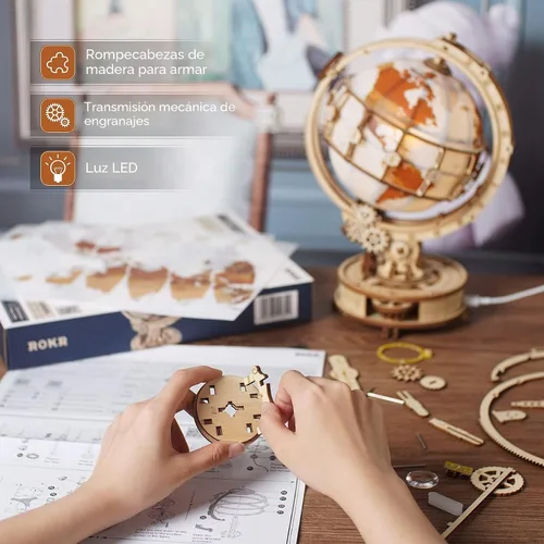 Vista 5 de ROKR Rompecabezas de madera 3D para adultos, globo iluminado con soporte, 180 piezas de rompecabezas 3D, kit de modelo LED integrado, regalos