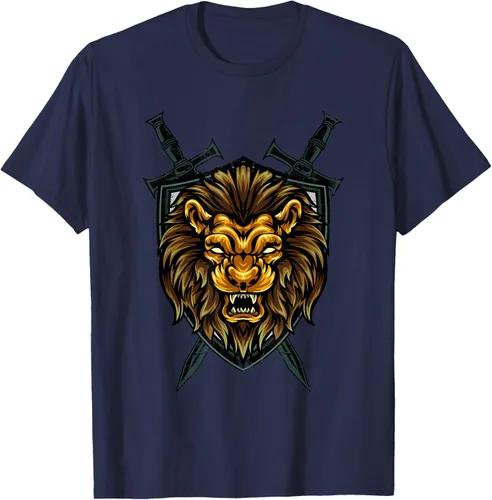 Vista 47 de Camiseta con diseño de caballero medieval renacentista, con diseño de espada de león, Negro, S