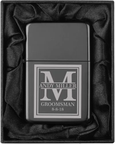 Vista 21 de Encendedor personalizado grabado en caja de regalo forrada en seda negra (Monograma circular 2, negro)