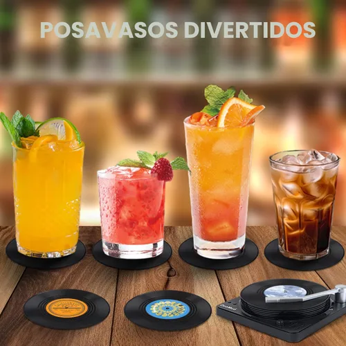 Vista 6 de Divertidos posavasos retro para bebidas con soporte para reproductor de vinilo, juego de 6 posavasos de elefante blanco para amantes de la música