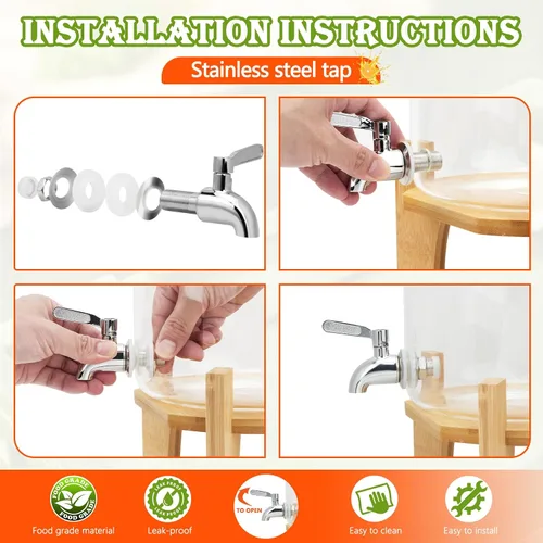 Vista 8 de Juego de 2 dispensadores de bebidas de vidrio para fiestas, dispensadores de bebidas de hielo de 1 galón con soporte, dispensador de jugo