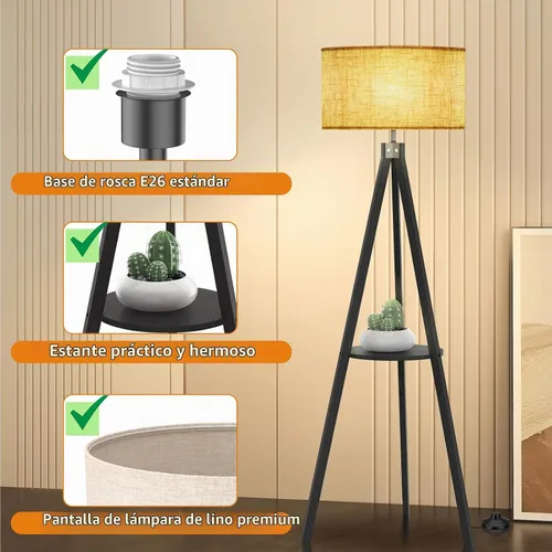 Vista 2 de LEPOWER Lámpara de pie de trípode, lámpara de pie de madera de mediados de siglo, lámpara de pie con estante de diseño moderno para sala de estar