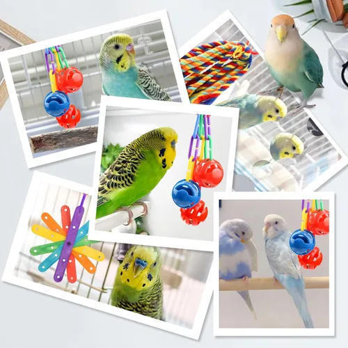 Vista 5 de QUOZUO Juguetes para pájaros pequeños, accesorios de jaula de periquitos, juguetes de periquitos, juguete masticable colgante de pie, juguetes