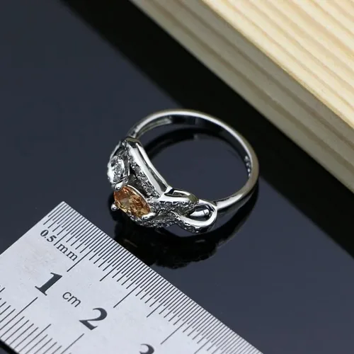 Vista 3 de Juego de joyas de boda para mujer, topacio champán, plata 925, aretes largosdijecollaranillopulsera de moda