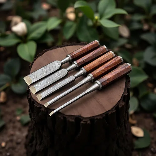 Vista 2 de Juego de cinceles de madera de 5 piezas – Cuchillas de borde biselado de acero de Damasco forjadas a mano con cubiertas de cuero y asas