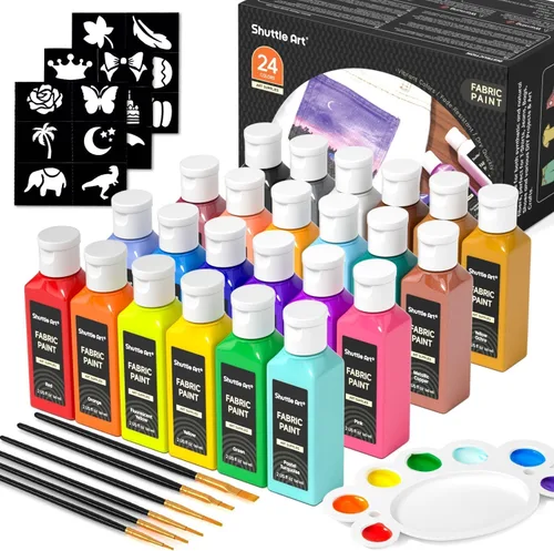 Vista 10 de Shuttle Art Pintura para tela, 18 colores de pintura para tela suave permanente en botellas (60ml/2oz) con pinceles, paleta, plantillas, pintura