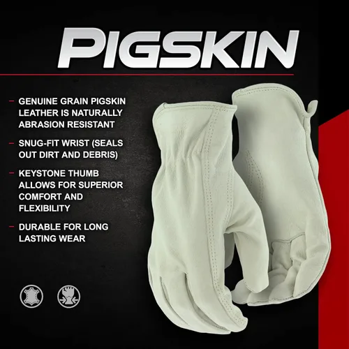 Vista 6 de BOSS Men's Grain Pigskin Leather Driver Work Gloves, Tear Resistant, Keystone Thumb, Shirred Elastic Wrist, White