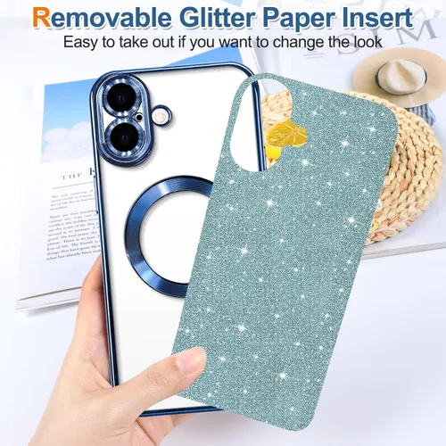 Vista 2 de Hython para iPhone 16 Funda con chispas brillantes, fundas transparentes magnéticas con protector de lente de cámara [Compatible con MagSafe]