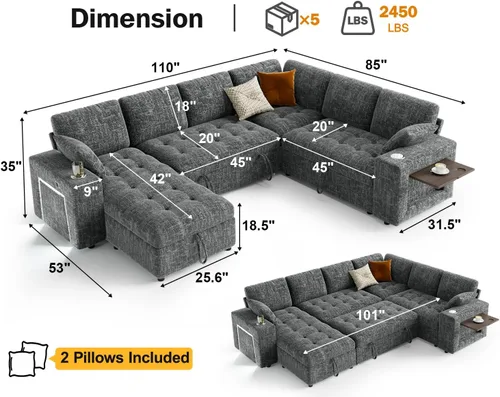 Vista 3 de Vipbear Sofá cama modular de 111 pulgadas con cama extraíble, sofá en forma de L de felpilla de 7 asientos con diván de almacenamiento, puertos USB
